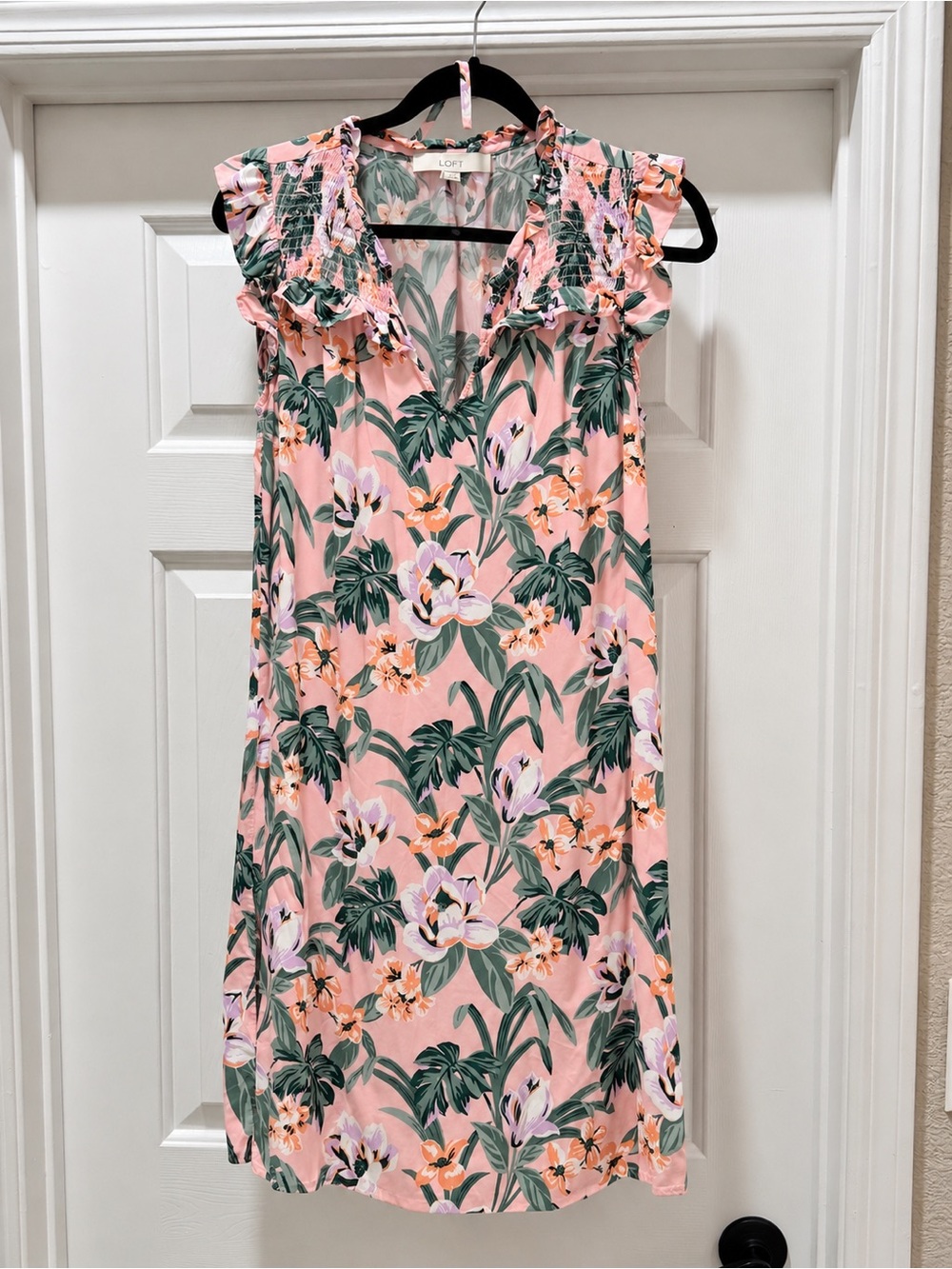 LOFT Pink Tropical Floral Ruffle Midi Dress Belted Medium